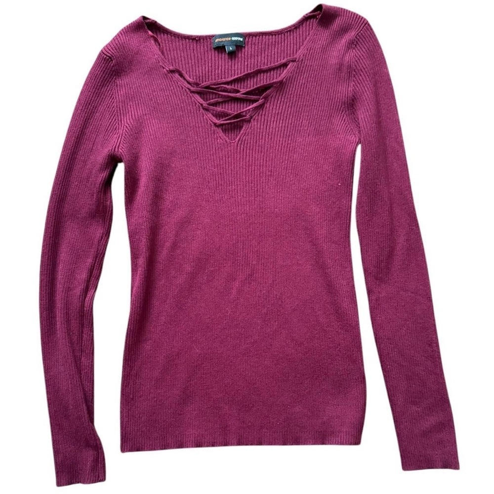 A139- Ambience Large Burgundy long sleeve sweater with crisscross detail #retro